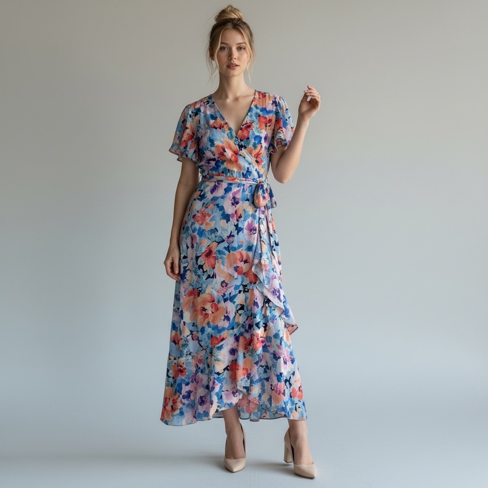 Nicole Miller Maxi Dress Large Faux Wrap Floral Flutter Sleeve V-Neck